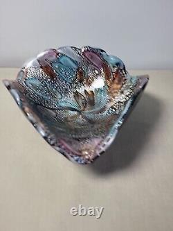 Vintage Murano Art Glass Iridescent Shell Bowl Italy 1960's Teal Pink Orange