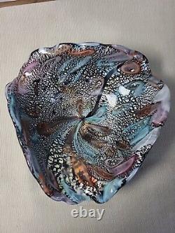 Vintage Murano Art Glass Iridescent Shell Bowl Italy 1960's Teal Pink Orange