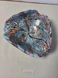 Vintage Murano Art Glass Iridescent Shell Bowl Italy 1960's Teal Pink Orange