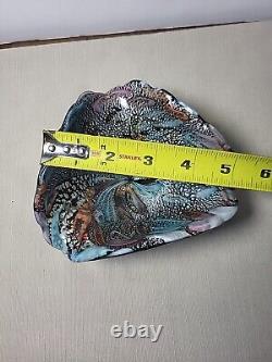 Vintage Murano Art Glass Iridescent Shell Bowl Italy 1960's Teal Pink Orange