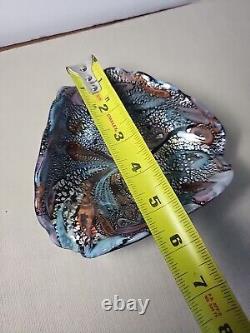 Vintage Murano Art Glass Iridescent Shell Bowl Italy 1960's Teal Pink Orange