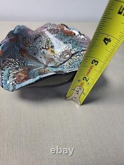 Vintage Murano Art Glass Iridescent Shell Bowl Italy 1960's Teal Pink Orange