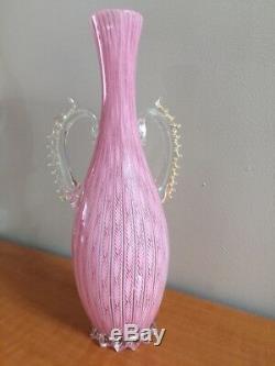 Vintage Murano Art Glass Pink & White Latticino Vase Gold Inclusion Handles