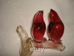 Vintage Murano Glass Figurine of Pink Birds on Gold Glass 11 Tree Branch Italy