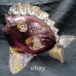 Vintage Murano Glass Fish Sculpture Purple/Pink With Gold Flecks, 8in x 7in High