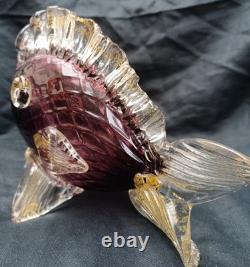 Vintage Murano Glass Fish Sculpture Purple/Pink With Gold Flecks, 8in x 7in High