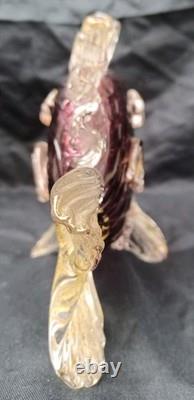 Vintage Murano Glass Fish Sculpture Purple/Pink With Gold Flecks, 8in x 7in High