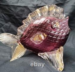 Vintage Murano Glass Fish Sculpture Purple/Pink With Gold Flecks, 8in x 7in High