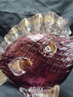 Vintage Murano Glass Fish Sculpture Purple/Pink With Gold Flecks, 8in x 7in High