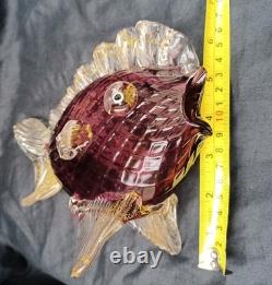 Vintage Murano Glass Fish Sculpture Purple/Pink With Gold Flecks, 8in x 7in High