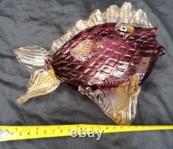 Vintage Murano Glass Fish Sculpture Purple/Pink With Gold Flecks, 8in x 7in High