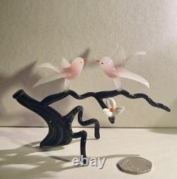 Vintage Murano Glass Two Birds On Flower Branch Pink Opaline Figurine