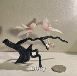 Vintage Murano Glass Two Birds On Flower Branch Pink Opaline Figurine