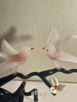 Vintage Murano Glass Two Birds On Flower Branch Pink Opaline Figurine