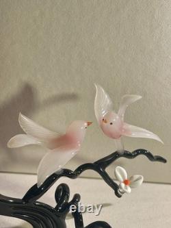 Vintage Murano Glass Two Birds On Flower Branch Pink Opaline Figurine