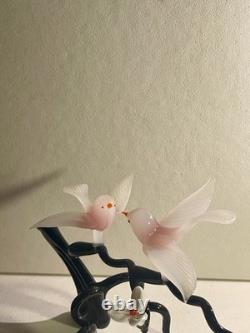 Vintage Murano Glass Two Birds On Flower Branch Pink Opaline Figurine
