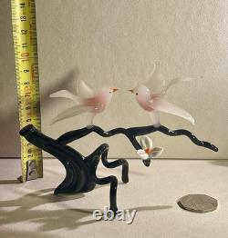 Vintage Murano Glass Two Birds On Flower Branch Pink Opaline Figurine