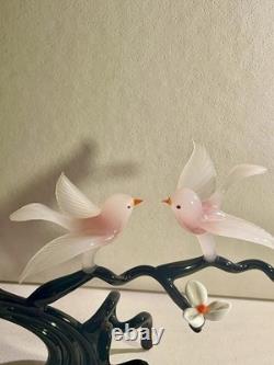 Vintage Murano Glass Two Birds On Flower Branch Pink Opaline Figurine