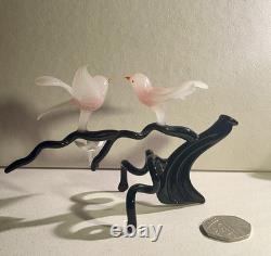 Vintage Murano Glass Two Birds On Flower Branch Pink Opaline Figurine