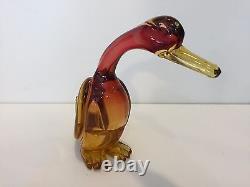 Vintage Murano Italian Art Glass Pink & Amber Duck, 7 Tall x 9 Deep x 3 Wide