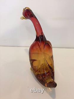 Vintage Murano Italian Art Glass Pink & Amber Duck, 7 Tall x 9 Deep x 3 Wide