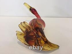 Vintage Murano Italian Art Glass Pink & Amber Duck, 7 Tall x 9 Deep x 3 Wide