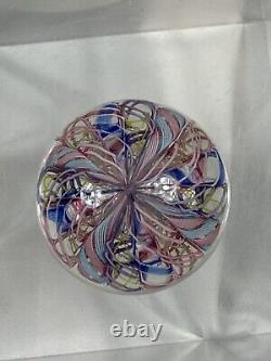 Vintage Murano Latticino Zanfirico Paperweight Art Glass Pink White Blue