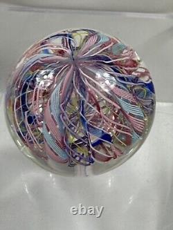 Vintage Murano Latticino Zanfirico Paperweight Art Glass Pink White Blue