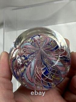 Vintage Murano Latticino Zanfirico Paperweight Art Glass Pink White Blue