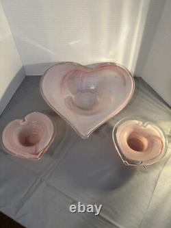 Vintage Murano Lavorazione Pink Heart Shaped Candle Holder Bowl Set Art Glass