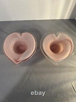 Vintage Murano Lavorazione Pink Heart Shaped Candle Holder Bowl Set Art Glass