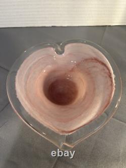 Vintage Murano Lavorazione Pink Heart Shaped Candle Holder Bowl Set Art Glass
