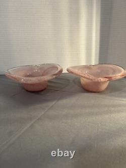 Vintage Murano Lavorazione Pink Heart Shaped Candle Holder Bowl Set Art Glass