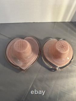 Vintage Murano Lavorazione Pink Heart Shaped Candle Holder Bowl Set Art Glass