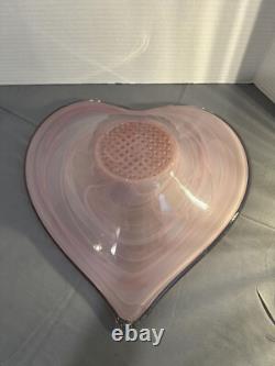 Vintage Murano Lavorazione Pink Heart Shaped Candle Holder Bowl Set Art Glass