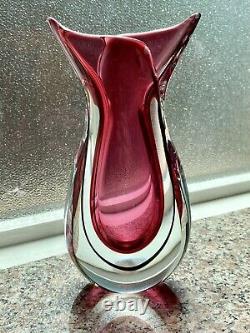 Vintage Murano Oball Sommerso Fishtail Vase L Onesto Pink Black Ribbon Art Glass