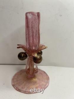 Vintage Murano Pink Art Glass Card Holder Vase Gold Aventurine Venetian Glass