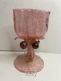 Vintage Murano Pink Art Glass Card Holder Vase Gold Aventurine Venetian Glass