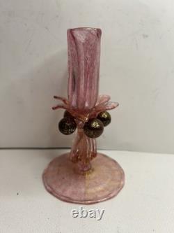 Vintage Murano Pink Art Glass Card Holder Vase Gold Aventurine Venetian Glass