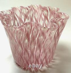 Vintage Murano Pink White Aventurine Latticino Art Glass Fazzoletto Vase Venini