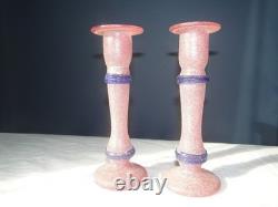 Vintage Murano Scavo RARE Pink and Blue Pair of Glass Candlesticks
