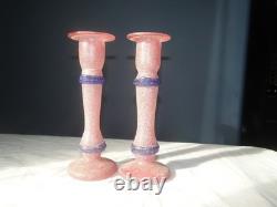 Vintage Murano Scavo RARE Pink and Blue Pair of Glass Candlesticks