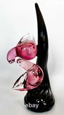 Vintage Murano Signed Oball, Pink Glass Birds on a Black Glass Branch