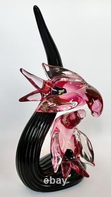 Vintage Murano Signed Oball, Pink Glass Birds on a Black Glass Branch