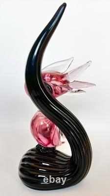 Vintage Murano Signed Oball, Pink Glass Birds on a Black Glass Branch