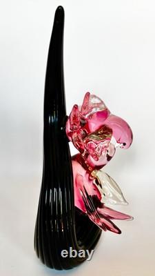 Vintage Murano Signed Oball, Pink Glass Birds on a Black Glass Branch