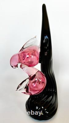 Vintage Murano Signed Oball, Pink Glass Birds on a Black Glass Branch