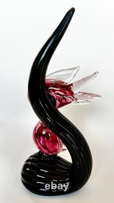 Vintage Murano Signed Oball, Pink Glass Birds on a Black Glass Branch