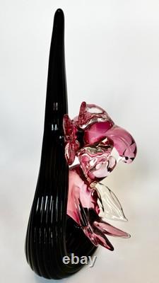Vintage Murano Signed Oball, Pink Glass Birds on a Black Glass Branch