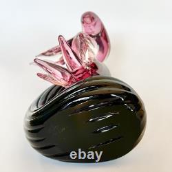 Vintage Murano Signed Oball, Pink Glass Birds on a Black Glass Branch